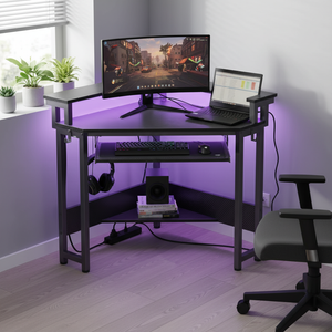 CONCETTA 31" Coner Desk & L-Shaped Computer Desk with Power Outlets, LED Lights, Monitor Stand & Keyboard Tray