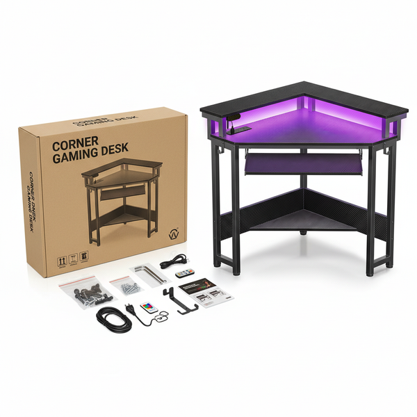 CONCETTA 31" Coner Desk & L-Shaped Computer Desk with Power Outlets, LED Lights, Monitor Stand & Keyboard Tray