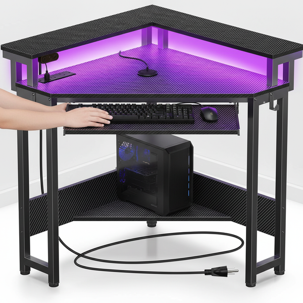 CONCETTA 31" Coner Desk & L-Shaped Computer Desk with Power Outlets, LED Lights, Monitor Stand & Keyboard Tray