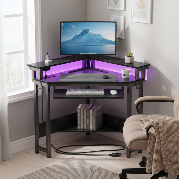CONCETTA 31" Coner Desk & L-Shaped Computer Desk with Power Outlets, LED Lights, Monitor Stand & Keyboard Tray