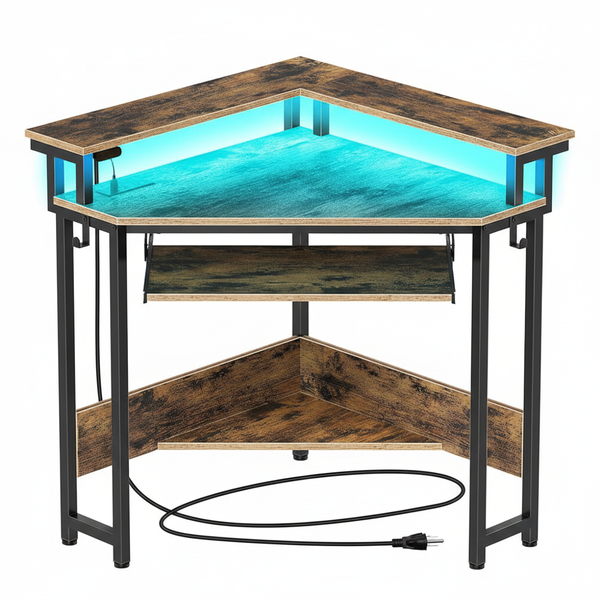 CONCETTA 31" Coner Desk & L-Shaped Computer Desk with Power Outlets, LED Lights, Monitor Stand & Keyboard Tray