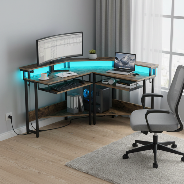 CONCETTA 31" Coner Desk & L-Shaped Computer Desk with Power Outlets, LED Lights, Monitor Stand & Keyboard Tray