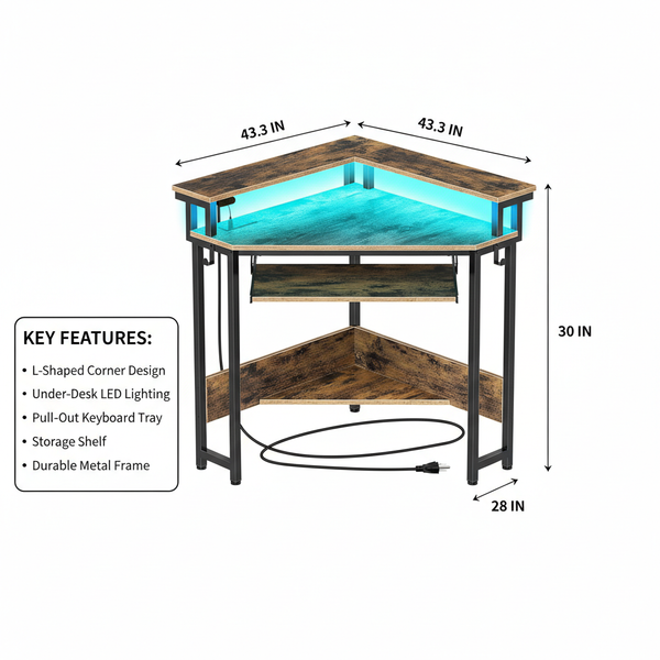 CONCETTA 31" Coner Desk & L-Shaped Computer Desk with Power Outlets, LED Lights, Monitor Stand & Keyboard Tray