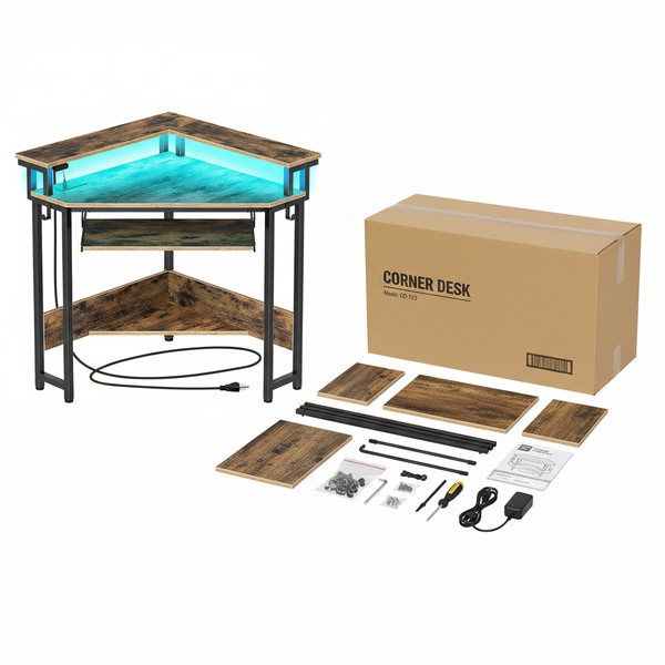 CONCETTA 31" Coner Desk & L-Shaped Computer Desk with Power Outlets, LED Lights, Monitor Stand & Keyboard Tray