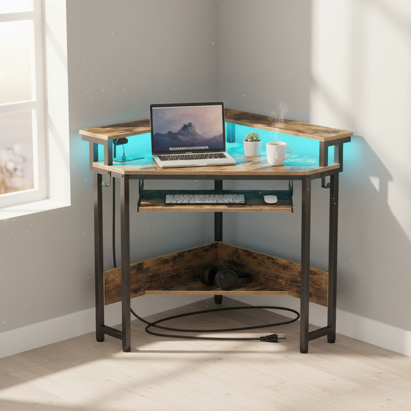 CONCETTA 31" Coner Desk & L-Shaped Computer Desk with Power Outlets, LED Lights, Monitor Stand & Keyboard Tray