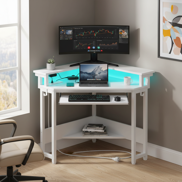 CONCETTA 31" Coner Desk & L-Shaped Computer Desk with Power Outlets, LED Lights, Monitor Stand & Keyboard Tray