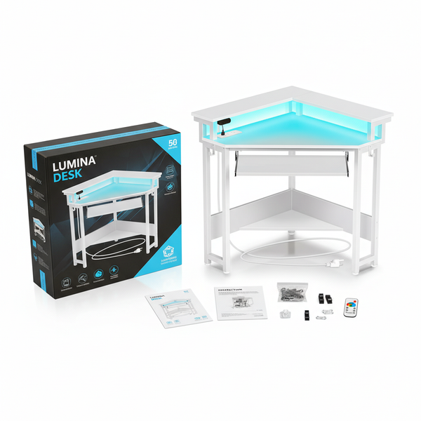 CONCETTA 31" Coner Desk & L-Shaped Computer Desk with Power Outlets, LED Lights, Monitor Stand & Keyboard Tray