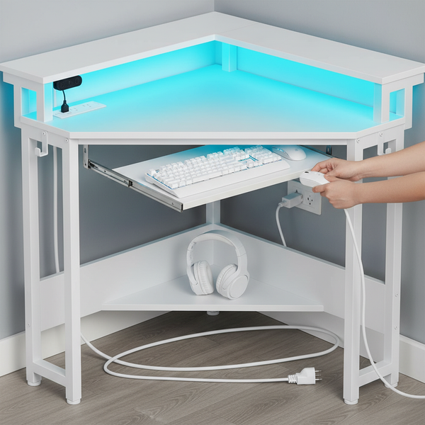 CONCETTA 31" Coner Desk & L-Shaped Computer Desk with Power Outlets, LED Lights, Monitor Stand & Keyboard Tray