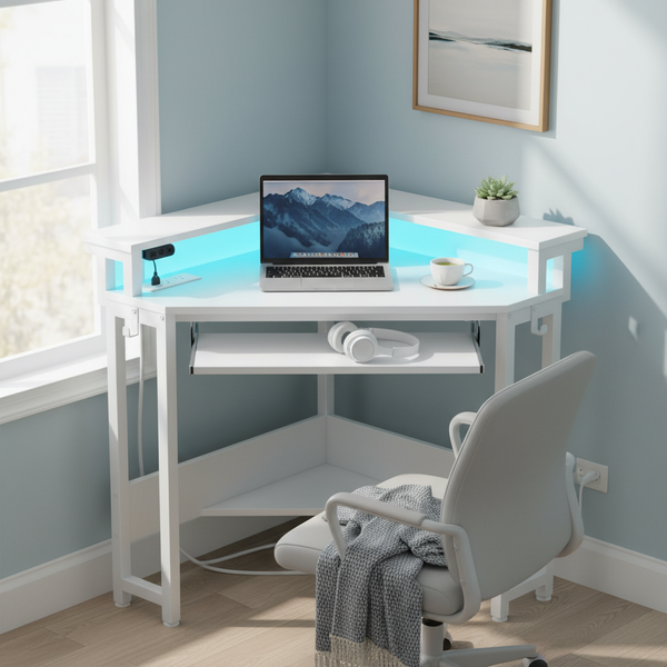 CONCETTA 31" Coner Desk & L-Shaped Computer Desk with Power Outlets, LED Lights, Monitor Stand & Keyboard Tray