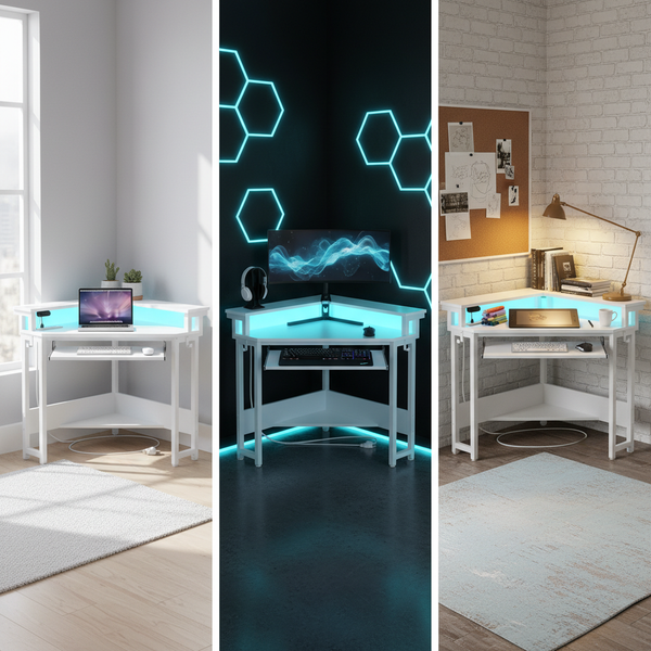CONCETTA 31" Coner Desk & L-Shaped Computer Desk with Power Outlets, LED Lights, Monitor Stand & Keyboard Tray