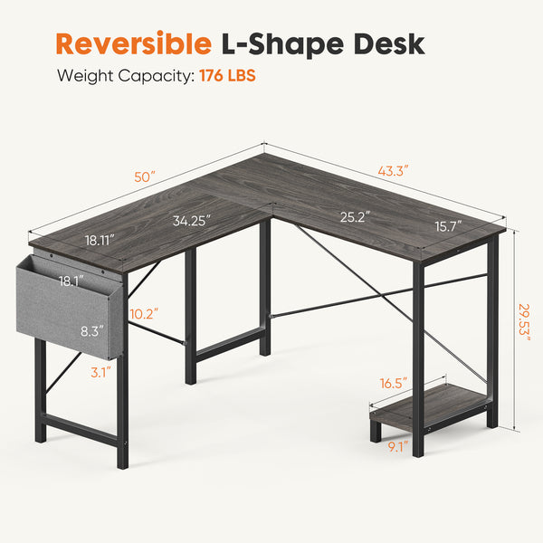 CONCETTA 49in Reversible L Shaped Computer Desk with Storage, Coner Desk with Wooden Desktop, CPU Stand and Side Bag for Home Office & Gaming