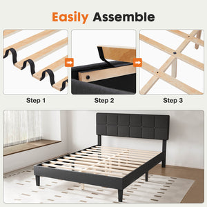 JOINSUN Platform Bed Frame with Headboard-No Box Spring Needed, Linen Upholstered Bed Frame with Wood Slats Support, Noise Free