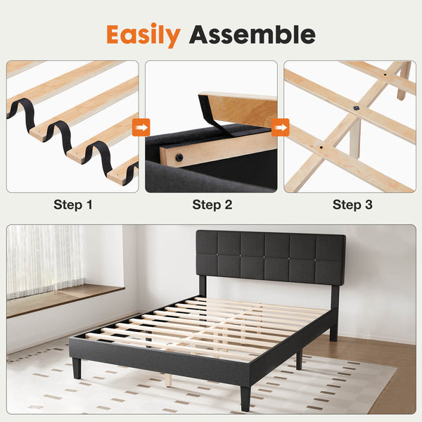 JOINSUN Platform Bed Frame with Headboard-No Box Spring Needed, Linen Upholstered Bed Frame with Wood Slats Support, Noise Free