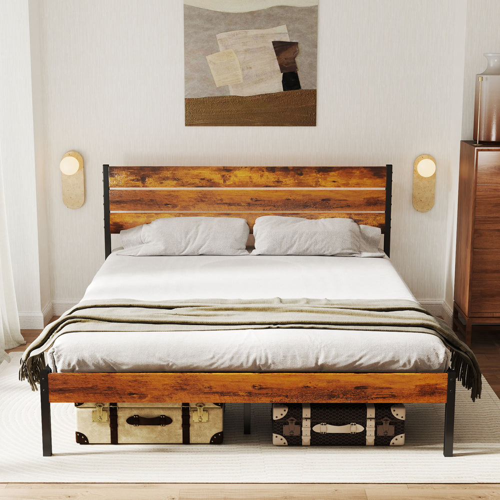 JOINSUN Metal Platform Bed Frame with Wooden Headboard & Footboard, No Box Spring Needed with 800LBS Sturdy Wooden Slats Support, Queen/Full/Twin Size
