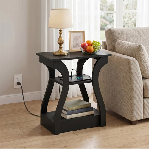 CONCETTA 3-Tier End Table with Charging Station, Slim Side Table with USB Ports & Outlets, Modern Nightstand for Small Spaces, Living Room, Bedroom