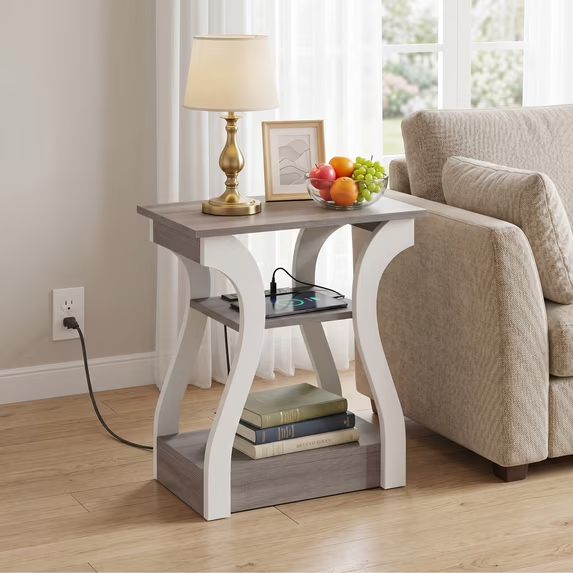 CONCETTA 3-Tier End Table with Charging Station, Slim Side Table with USB Ports & Outlets, Modern Nightstand for Small Spaces, Living Room, Bedroom