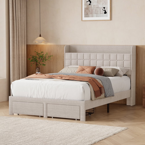 CONCETTA Upholstered Platform Bed, Platform Bed with Headboard and 2 Drawers, Sturdy Modern Wooden & Metal Frame Platform for Mattress Support, No Box Spring Needed