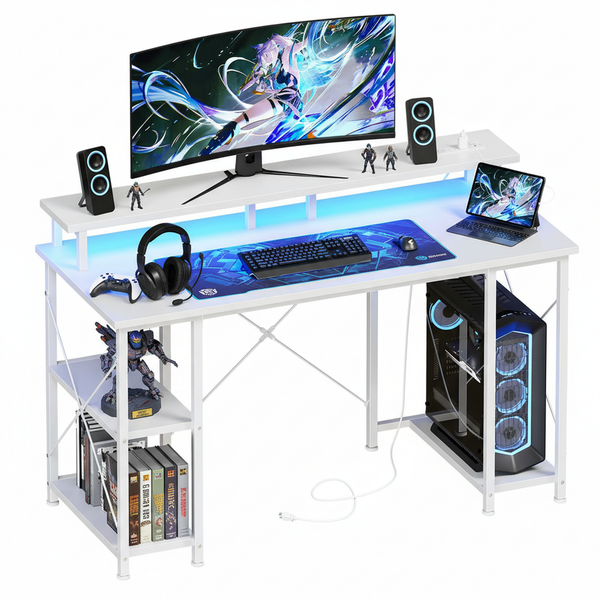 CONCETTA 48" Computer Gaming Desk with LED Light, Power Outlet, Monitor Stand, Headphone Hook