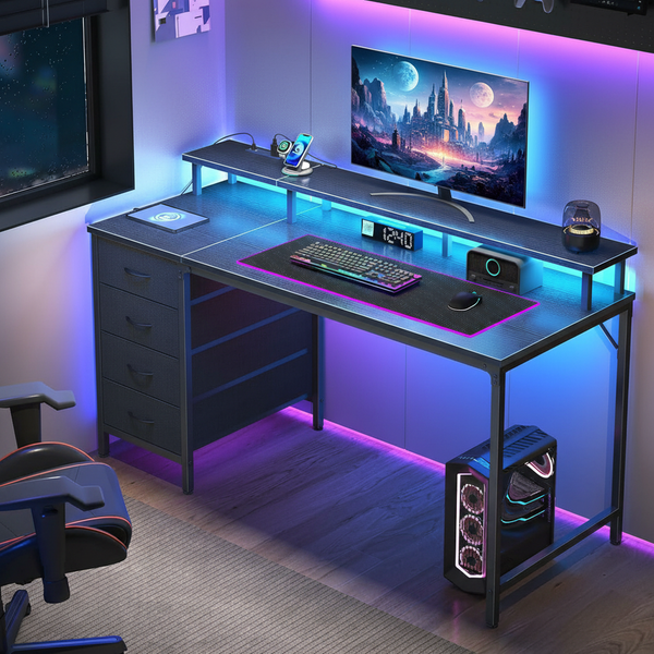 CONCETTA Computer Gaming Desk with 4 Drawers, Power Outlets and LED Lights for Home Small Spaces