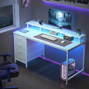 CONCETTA Computer Gaming Desk with 4 Drawers, Power Outlets and LED Lights for Home Small Spaces