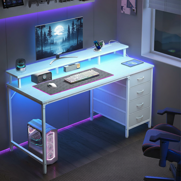 CONCETTA Computer Gaming Desk with 4 Drawers, Power Outlets and LED Lights for Home Small Spaces