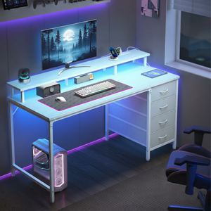 CONCETTA Computer Gaming Desk with 4 Drawers, Power Outlets and LED Lights for Home Small Spaces