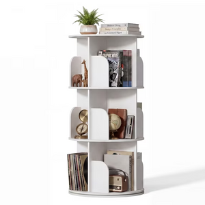 CONCETTA Rotating Bookshelf, 360° Spinning Bookcase with Safety Guard, Space-Saving PVC Storage for Bedroom, White