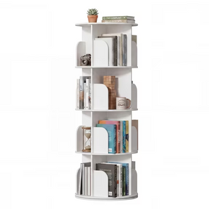 CONCETTA Rotating Bookshelf, 360° Spinning Bookcase with Safety Guard, Space-Saving PVC Storage for Bedroom, White