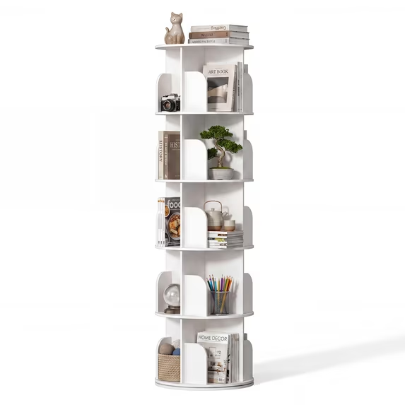 CONCETTA Rotating Bookshelf, 360° Spinning Bookcase with Safety Guard, Space-Saving PVC Storage for Bedroom, White