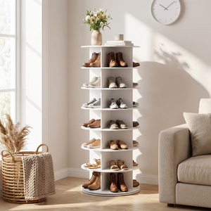 CONCETTA Rotating Shoe Rack, 360° Revolving Organizer with Partitioned Compartments, Vertical Storage for Entryway, White