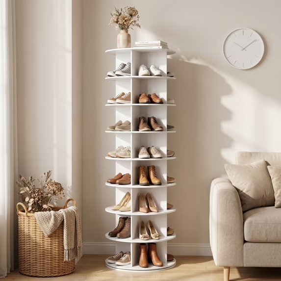CONCETTA Rotating Shoe Rack, 360° Revolving Organizer with Partitioned Compartments, Vertical Storage for Entryway, White