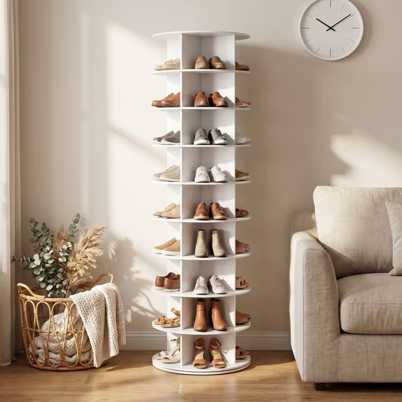 CONCETTA Rotating Shoe Rack, 360° Revolving Organizer with Partitioned Compartments, Vertical Storage for Entryway, White