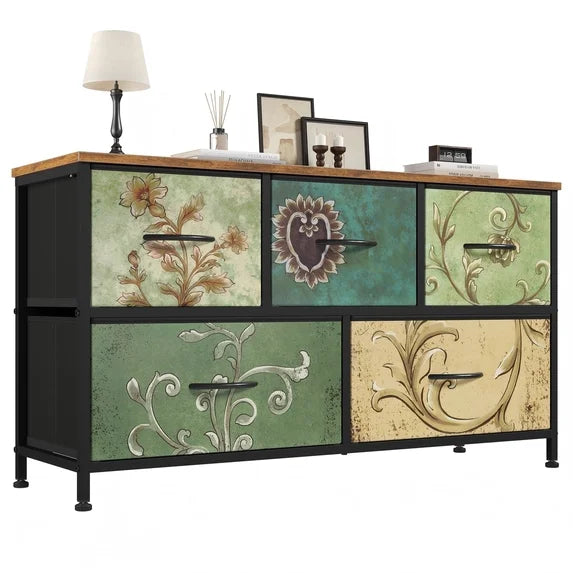 CONCETTA 5 Fabric Dresser with 5 Storage Drawers, TV Stand with Wooden Top Metal Frame for Clothes, Living Room, Hallway, Entryway