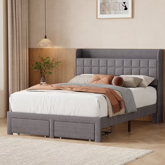 CONCETTA Upholstered Platform Bed, Platform Bed with Headboard and 2 Drawers, Sturdy Modern Wooden & Metal Frame Platform for Mattress Support, No Box Spring Needed