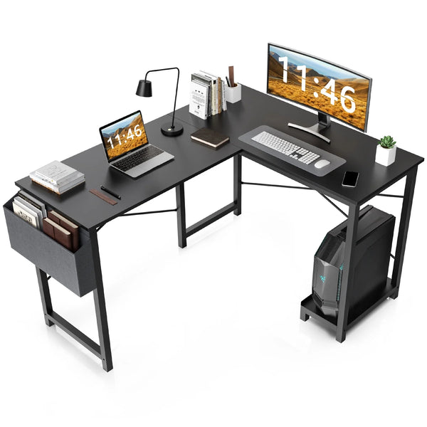 CONCETTA 49in Reversible L Shaped Computer Desk with Storage, Coner Desk with Wooden Desktop, CPU Stand and Side Bag for Home Office & Gaming