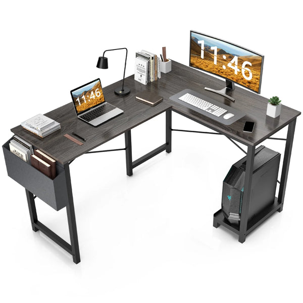 CONCETTA 49in Reversible L Shaped Computer Desk with Storage, Coner Desk with Wooden Desktop, CPU Stand and Side Bag for Home Office & Gaming