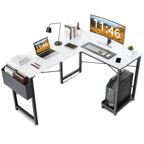 CONCETTA 49in Reversible L Shaped Computer Desk with Storage, Coner Desk with Wooden Desktop, CPU Stand and Side Bag for Home Office & Gaming