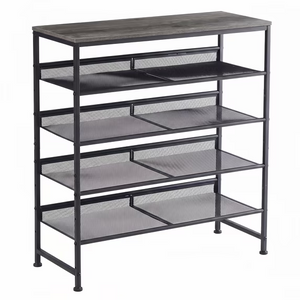 CONCETTA 5-Tier Adjustable Shelf Shoe Rack, Fine Mesh Metal Shelves & Wooden Top, Freestanding Organizer for Entryway