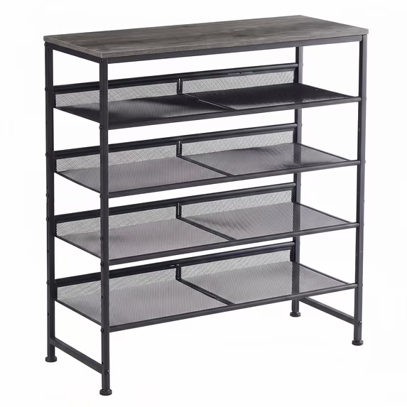 CONCETTA 5-Tier Adjustable Shelf Shoe Rack, Fine Mesh Metal Shelves & Wooden Top, Freestanding Organizer for Entryway