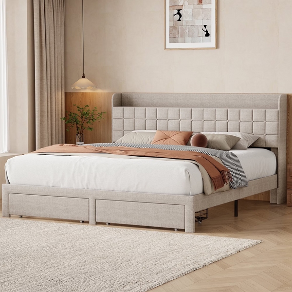 CONCETTA Upholstered Platform Bed, Platform Bed with Headboard and 2 Drawers, Sturdy Modern Wooden & Metal Frame Platform for Mattress Support, No Box Spring Needed