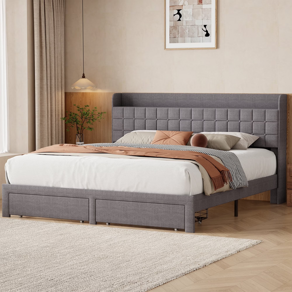 CONCETTA Upholstered Platform Bed, Platform Bed with Headboard and 2 Drawers, Sturdy Modern Wooden & Metal Frame Platform for Mattress Support, No Box Spring Needed