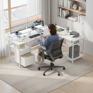 CONCETTA Modern L-Shaped Computer Desk with Power Outlet, Reversible Gaming Desk, Fabric Drawer & 2 Monitor Stands for Home Office, Rustic