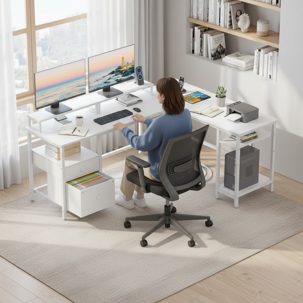 CONCETTA Modern L-Shaped Computer Desk with Power Outlet, Reversible Gaming Desk, Fabric Drawer & 2 Monitor Stands for Home Office, Rustic