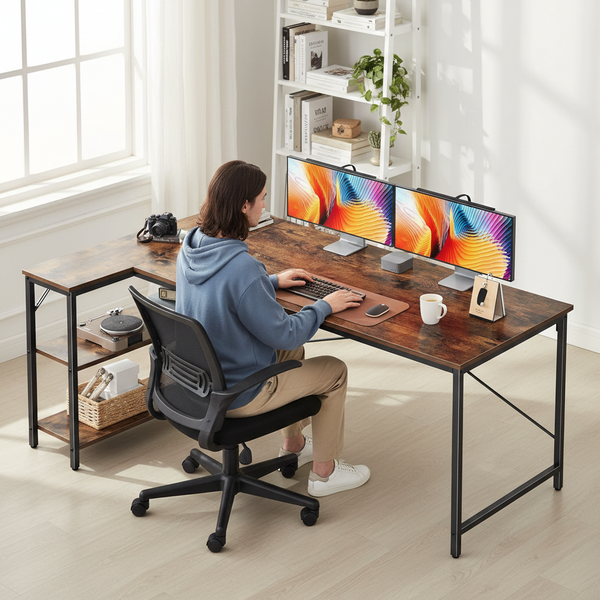 CONCETTA L Shaped Desk with Reversible Storage Shelves, 154 lbs Capacity Computer Corner Desk for Home Office, Gaming & Writing
