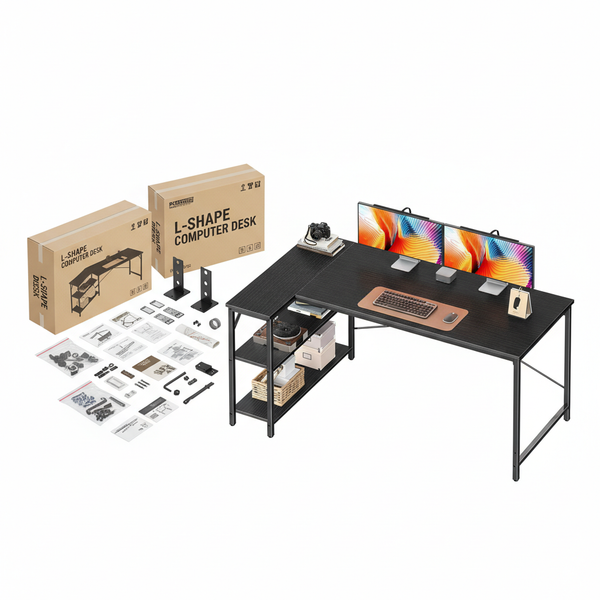 CONCETTA L Shaped Desk with Reversible Storage Shelves, 154 lbs Capacity Computer Corner Desk for Home Office, Gaming & Writing