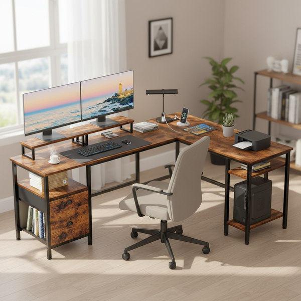 CONCETTA Modern L-Shaped Computer Desk with Power Outlet, Reversible Gaming Desk, Fabric Drawer & 2 Monitor Stands for Home Office, Rustic
