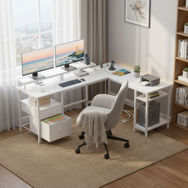 CONCETTA Modern L-Shaped Computer Desk with Power Outlet, Reversible Gaming Desk, Fabric Drawer & 2 Monitor Stands for Home Office, Rustic