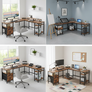 CONCETTA Modern L-Shaped Computer Desk with Power Outlet, Reversible Gaming Desk, Fabric Drawer & 2 Monitor Stands for Home Office, Rustic