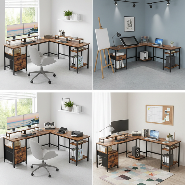 CONCETTA Modern L-Shaped Computer Desk with Power Outlet, Reversible Gaming Desk, Fabric Drawer & 2 Monitor Stands for Home Office, Rustic