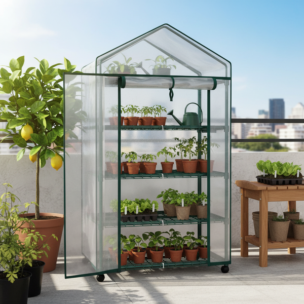CONCETTA 4-Tier Mini & Portable Greenhouse with Wheels, Rust-Resistant Steel Frame, PVC Cover for Indoor or Outdoor Gardening